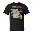 ミズーリ州のランドマーク、主要都市、道路、旗の地図 Tシャツ
