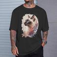 シャム猫 日本の桜 花柄 水彩 猫 Tシャツ 彼への贈り物