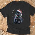 Chat Noir Guirlande Lumineuse Du Père Noël Chat Du Père Noël Manche Longue T-Shirt Cadeaux pour les vieillards