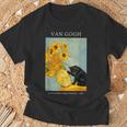 面白いゴッホ風変わりな猫とひまわりの花瓶パロディアート Tシャツ 高齢者への贈り物