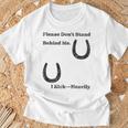 後蹴りに注意 蹄鉄 馬好き 馬術部 キッズ 大人 親子ペア バックプリント Tシャツ 高齢者への贈り物