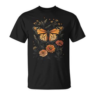 Vintage Monarch Butterfly Cute Zinnias Flower Girl Plant Mom T-Shirt - Monsterry